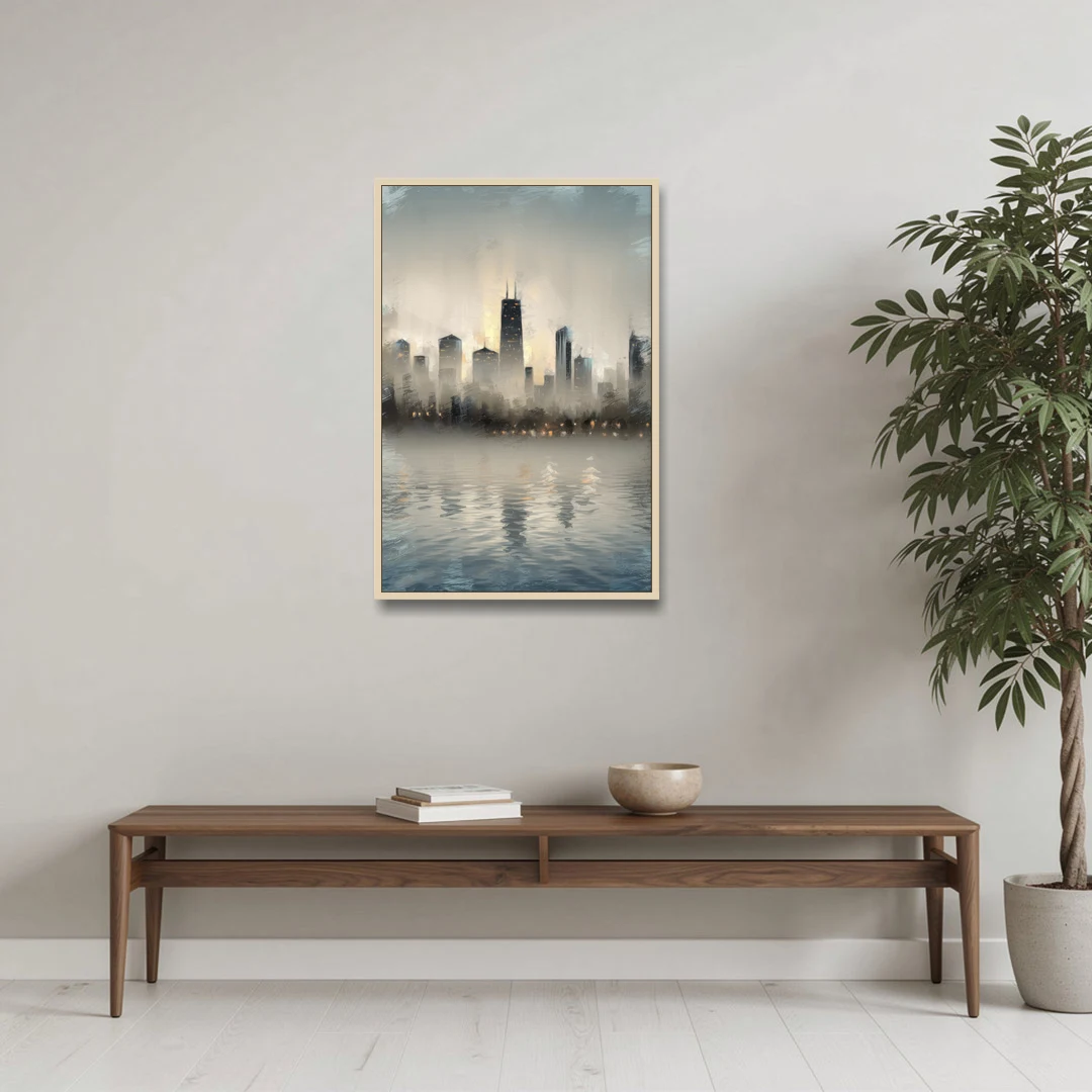 Chicago Skyline in Fog - Oak Framed Canvas Wall Art - Coffee Table - 24x36