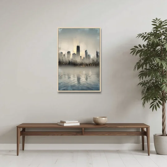 Chicago Skyline in Fog - Oak Framed Canvas Wall Art - Coffee Table - 24x36