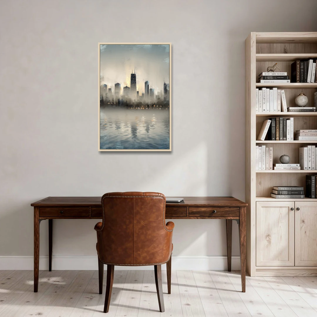 Chicago Skyline in Fog - Oak Framed Canvas Wall Art - Office - 24x36
