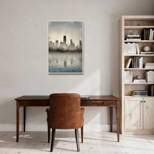 Chicago Skyline in Fog - Oak Framed Canvas Wall Art - Office - 24x36