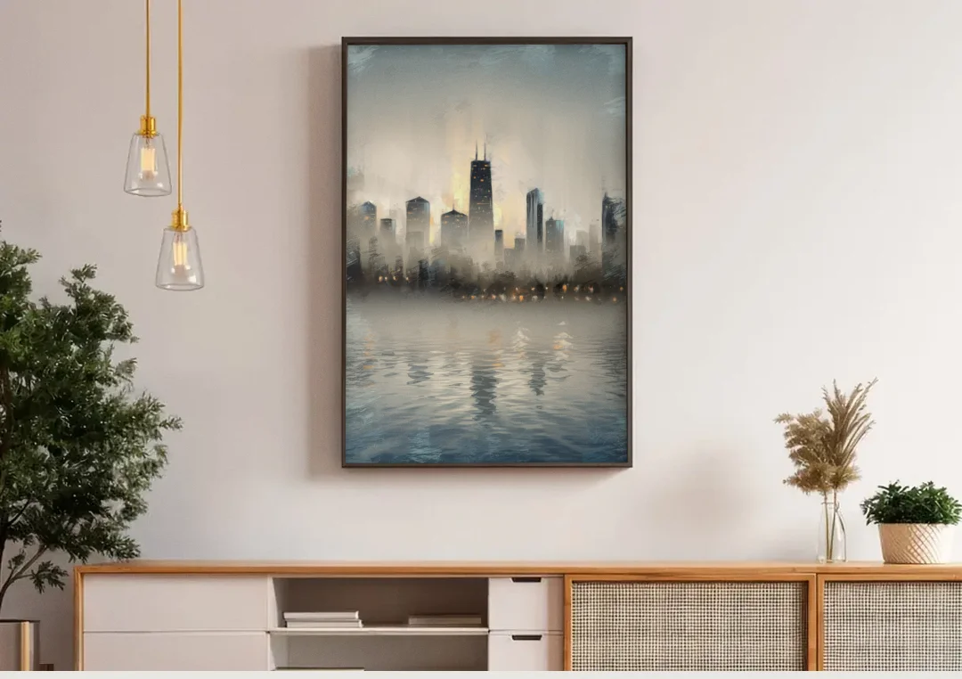 Chicago Skyline in Fog canvas wall art above a wooden sideboard under pendant lights