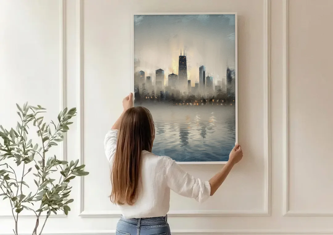 Chicago Skyline in Fog canvas wall art being hung on a paneled wall