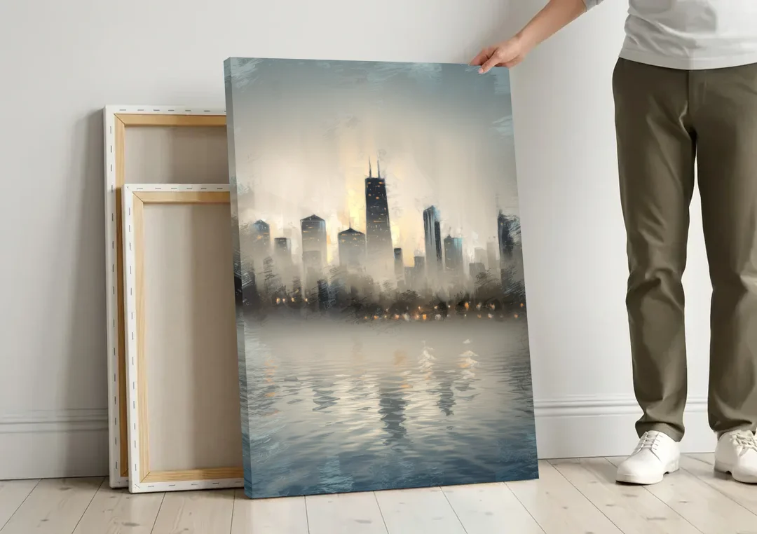 Chicago Skyline in Fog canvas wall art leaning against a wall next to blank canvases