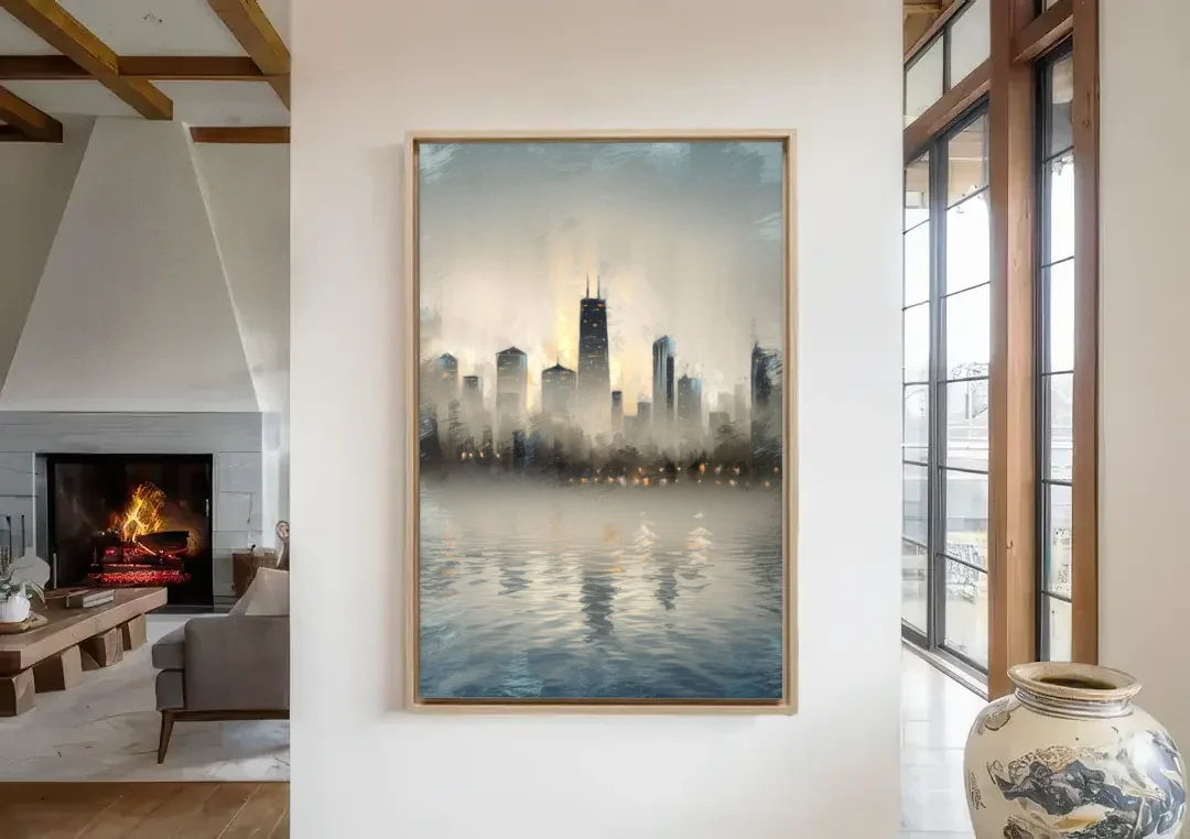 Chicago Skyline in Fog canvas wall art in a living room with a fireplace