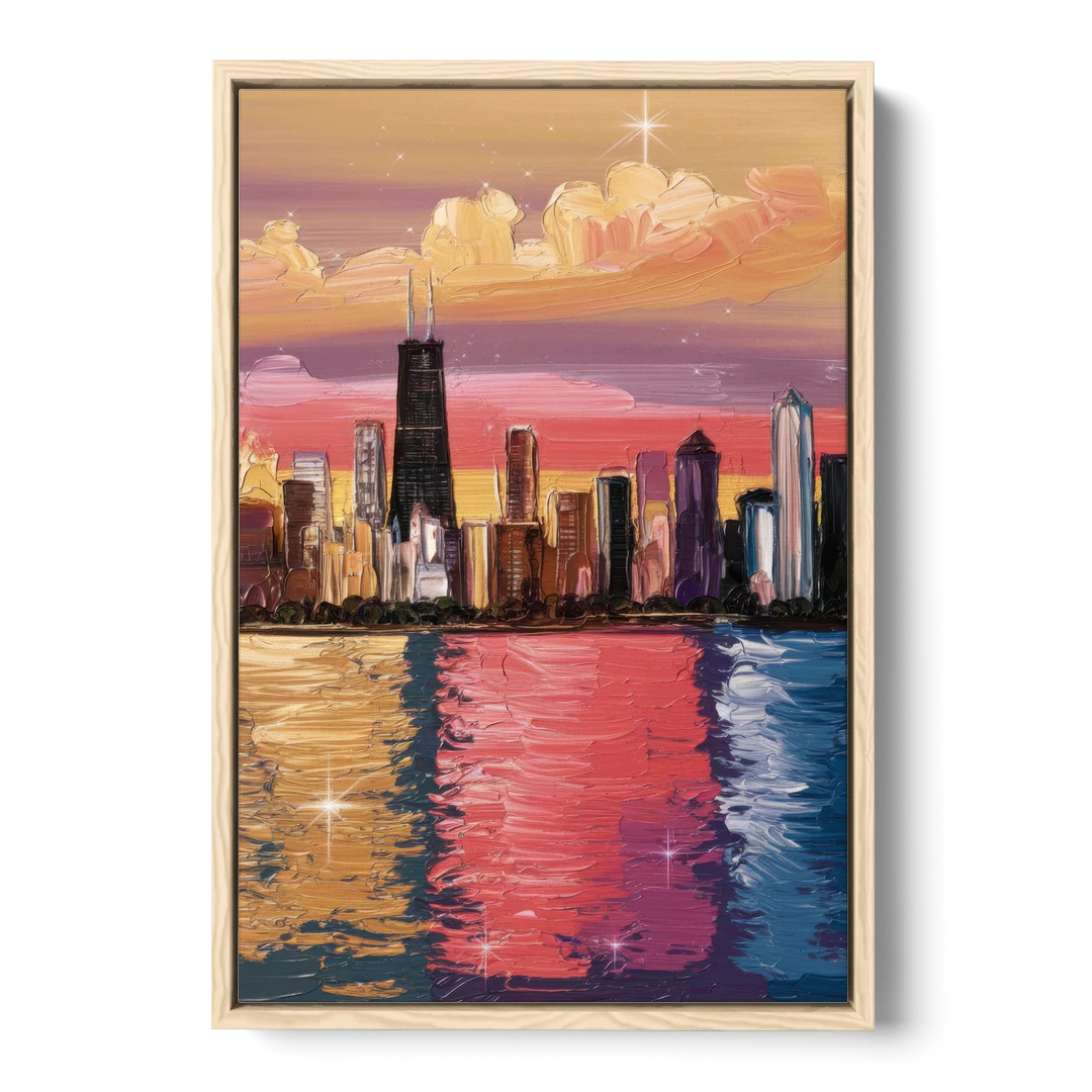 Chicago Skyline Reflections - Oak Framed Canvas Wall Art - Front