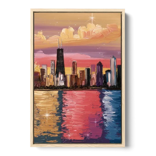 Chicago Skyline Reflections - Oak Framed Canvas Wall Art - Front