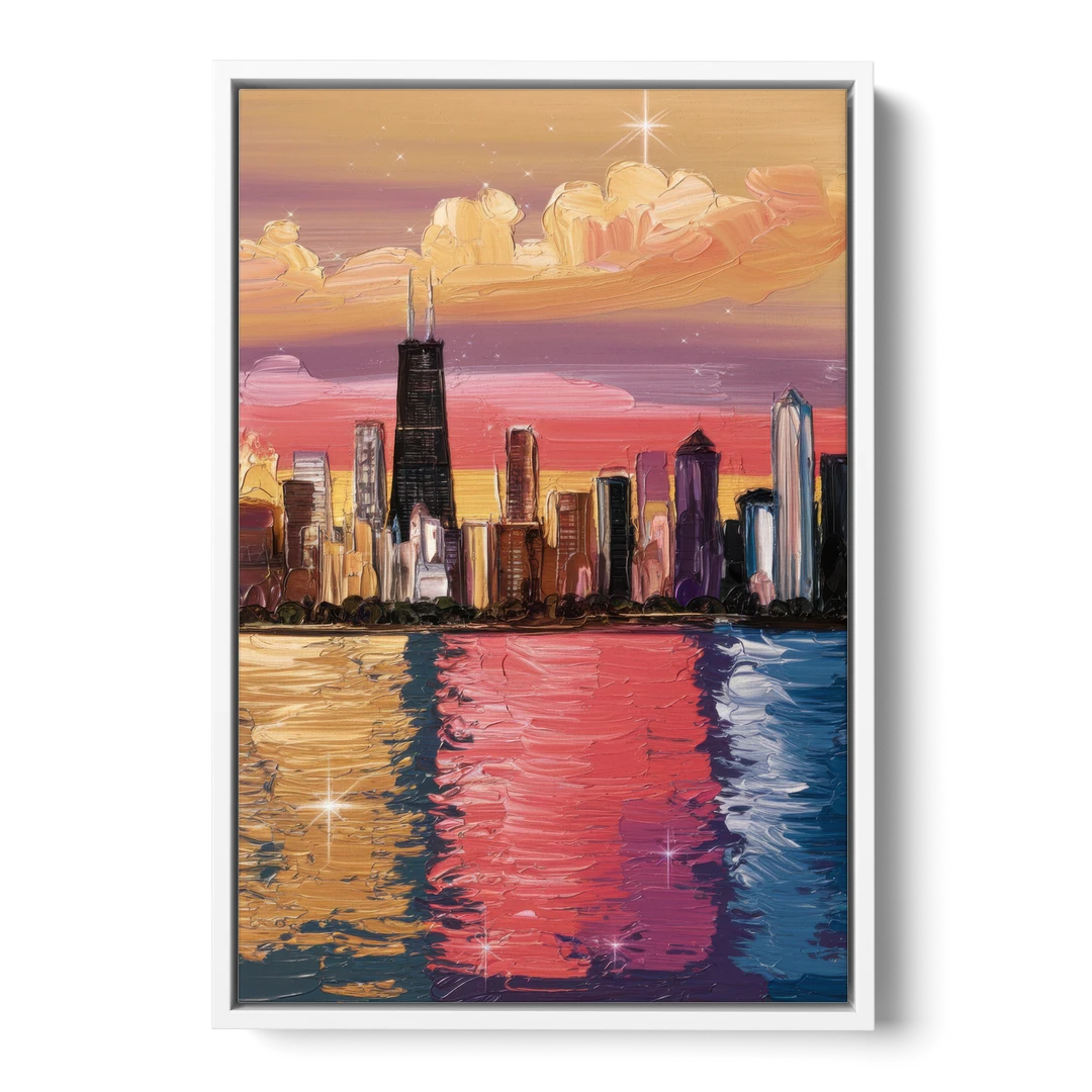 Chicago Skyline Reflections - White Framed Canvas Wall Art - Front