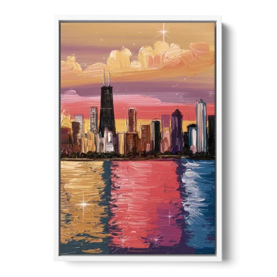 Chicago Skyline Reflections - White Framed Canvas Wall Art - Front