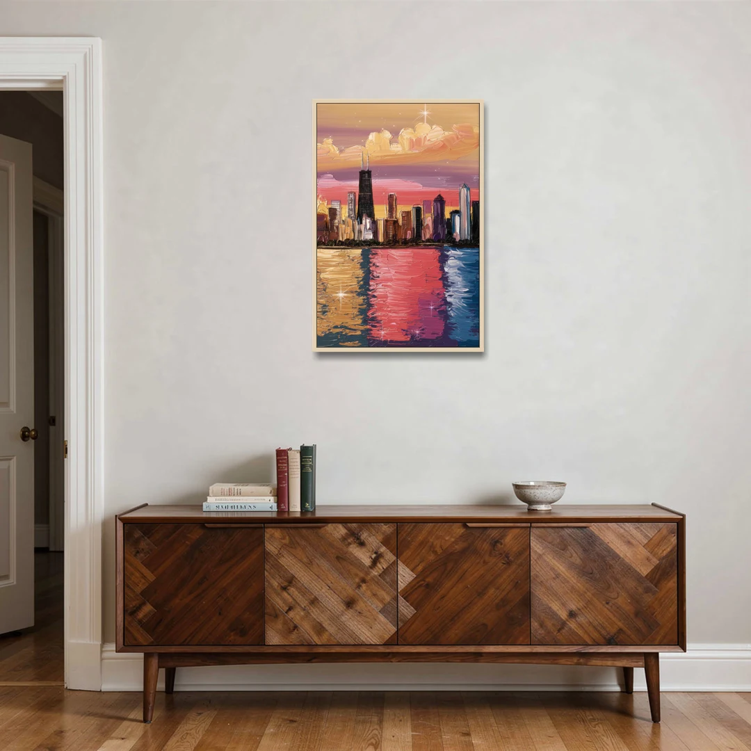 Chicago Skyline Reflections - Oak Framed Canvas Wall Art - Coffee Table - 24x36