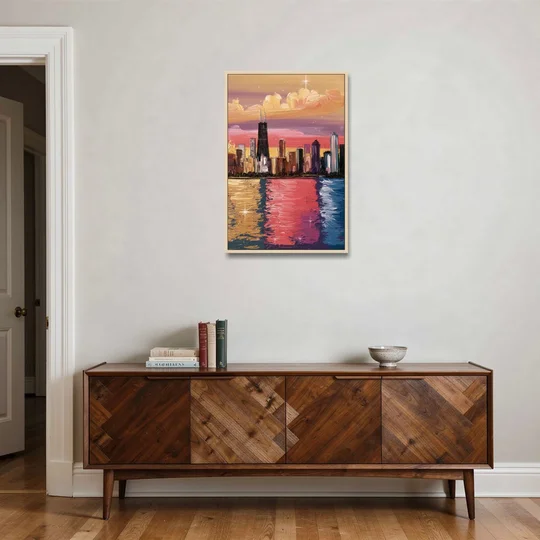 Chicago Skyline Reflections - Oak Framed Canvas Wall Art - Coffee Table - 24x36