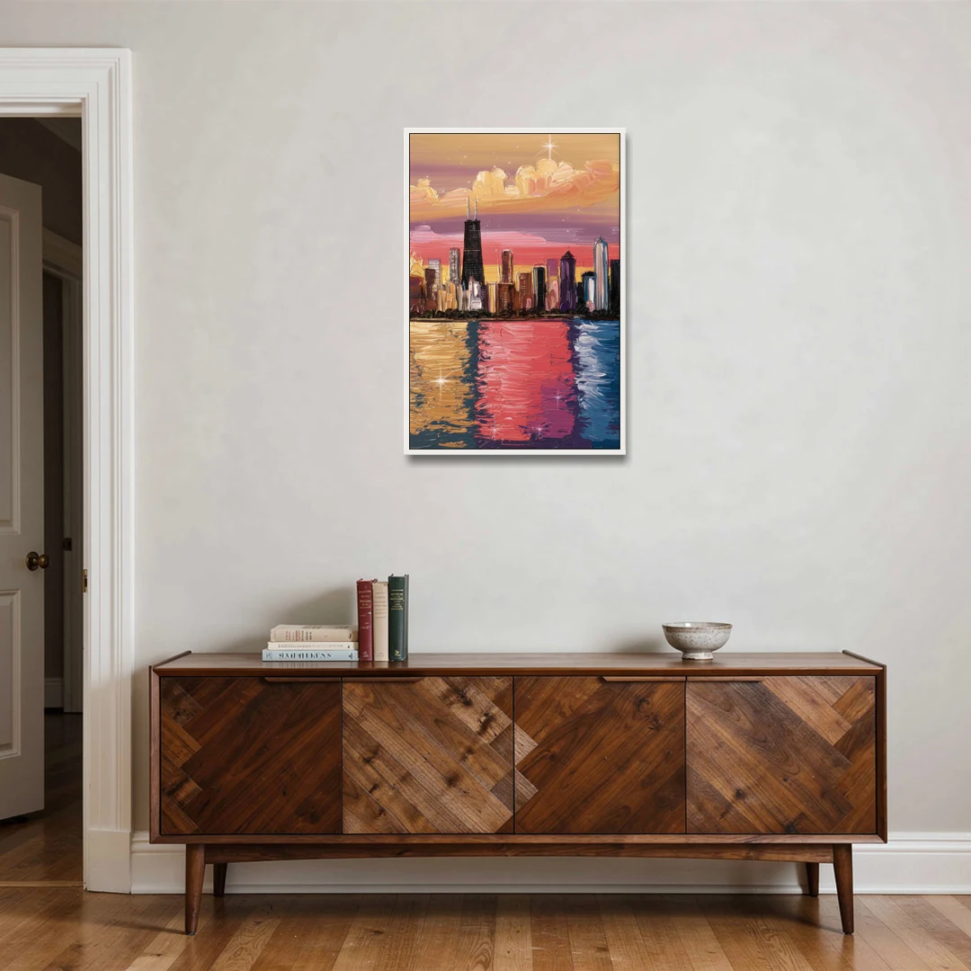 Chicago Skyline Reflections - White Framed Canvas Wall Art - Coffee Table - 24x36