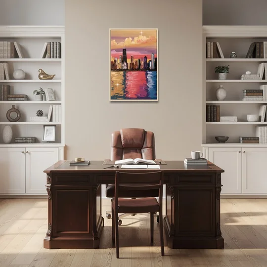 Chicago Skyline Reflections - Oak Framed Canvas Wall Art - Office - 24x36