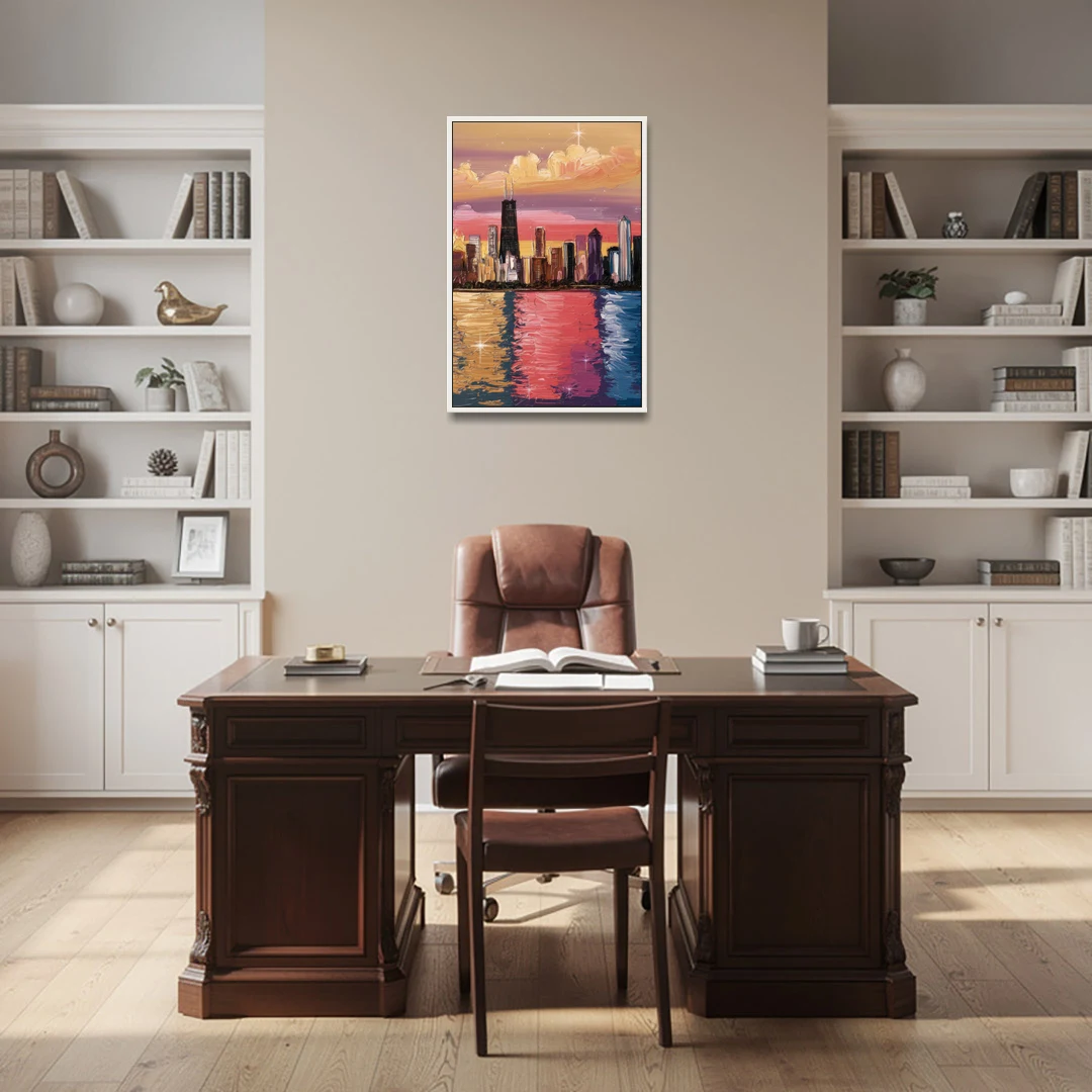 Chicago Skyline Reflections - White Framed Canvas Wall Art - Office - 24x36