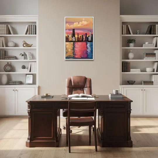 Chicago Skyline Reflections - White Framed Canvas Wall Art - Office - 24x36