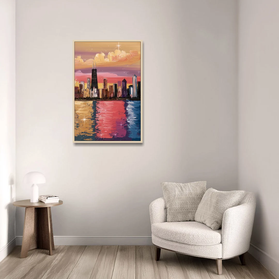 Chicago Skyline Reflections - Oak Framed Canvas Wall Art - Sofa - 24x36