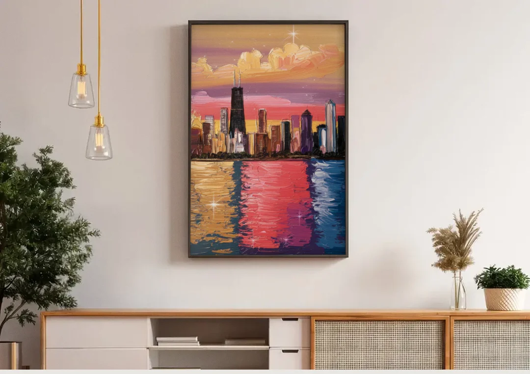 Chicago Skyline Reflections canvas wall art above a wooden sideboard under pendant lights