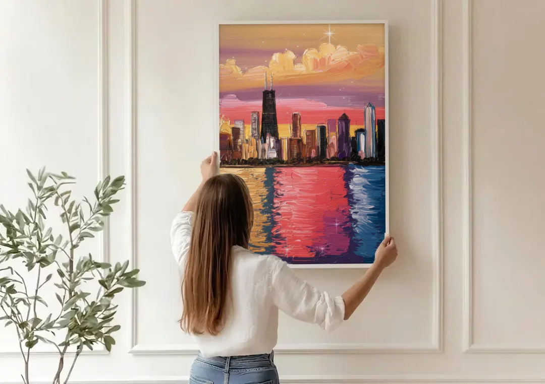 Chicago Skyline Reflections canvas wall art being hung on a paneled wall