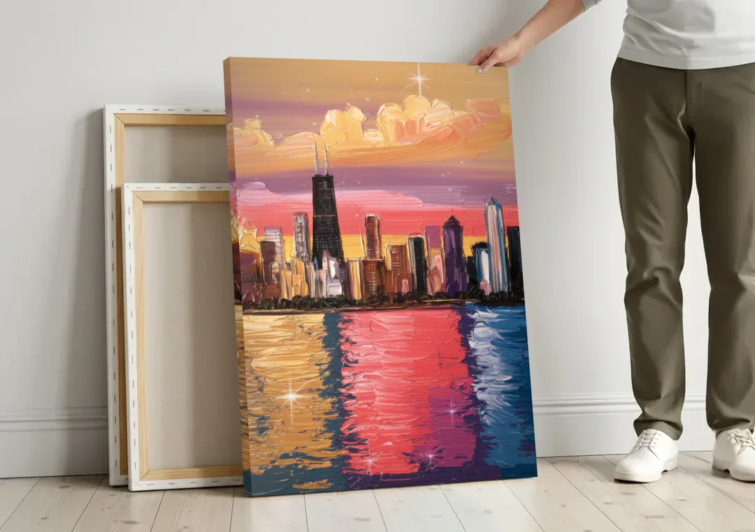 Chicago Skyline Reflections canvas wall art leaning against a wall next to blank canvases