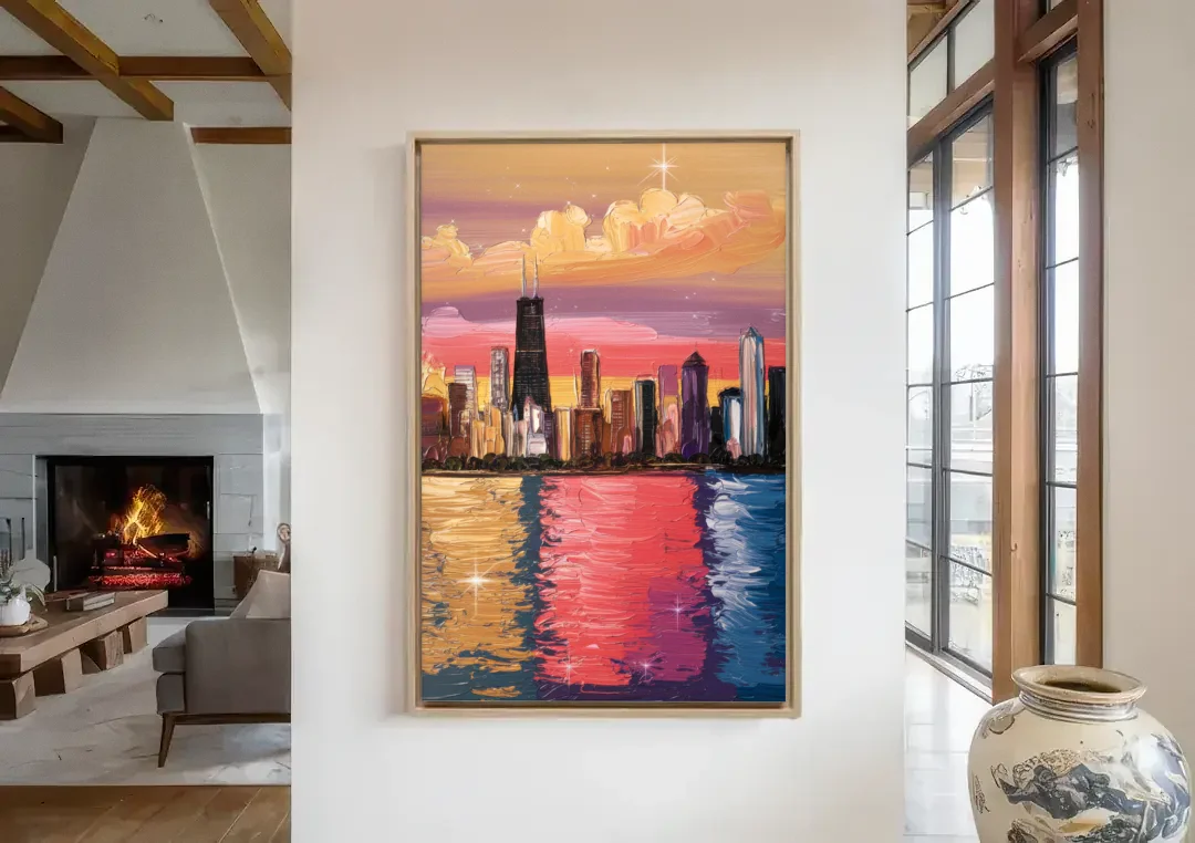 Chicago Skyline Reflections canvas wall art in a living room with a fireplace