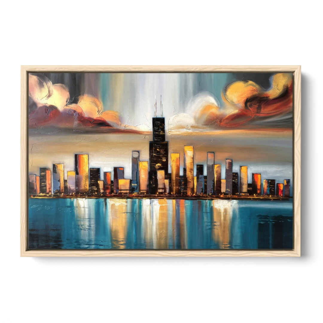 Chicago Skyline With Willis Tower - Oak Framed Canvas Wall Art - Front