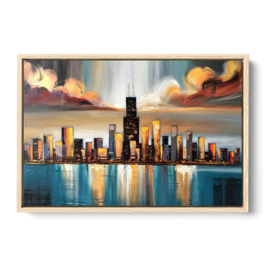 Chicago Skyline With Willis Tower - Oak Framed Canvas Wall Art - Front