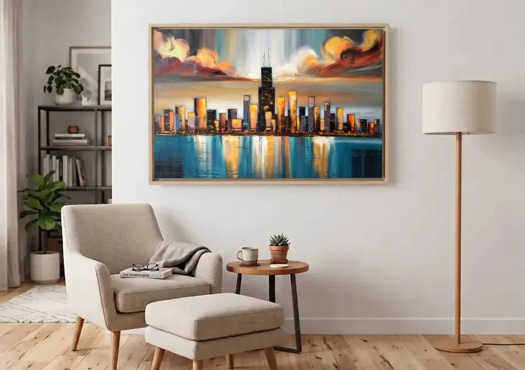 Chicago Skyline With Willis Tower canvas wall art above an armchair in a bright living room