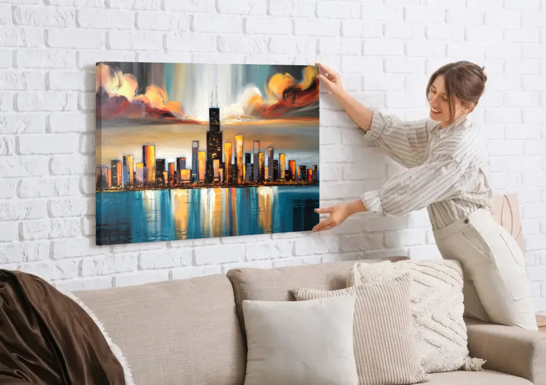 Chicago Skyline With Willis Tower canvas wall art being hung on a white brick wall above a sofa