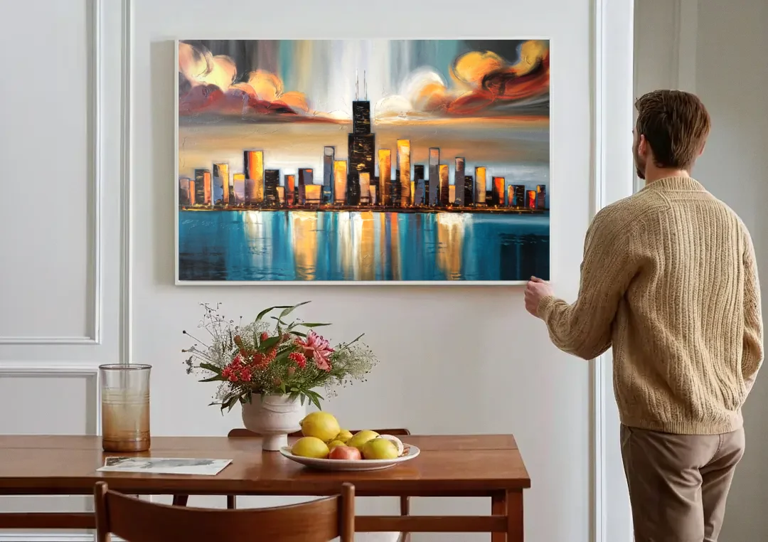 Chicago Skyline With Willis Tower canvas wall art above a dining table