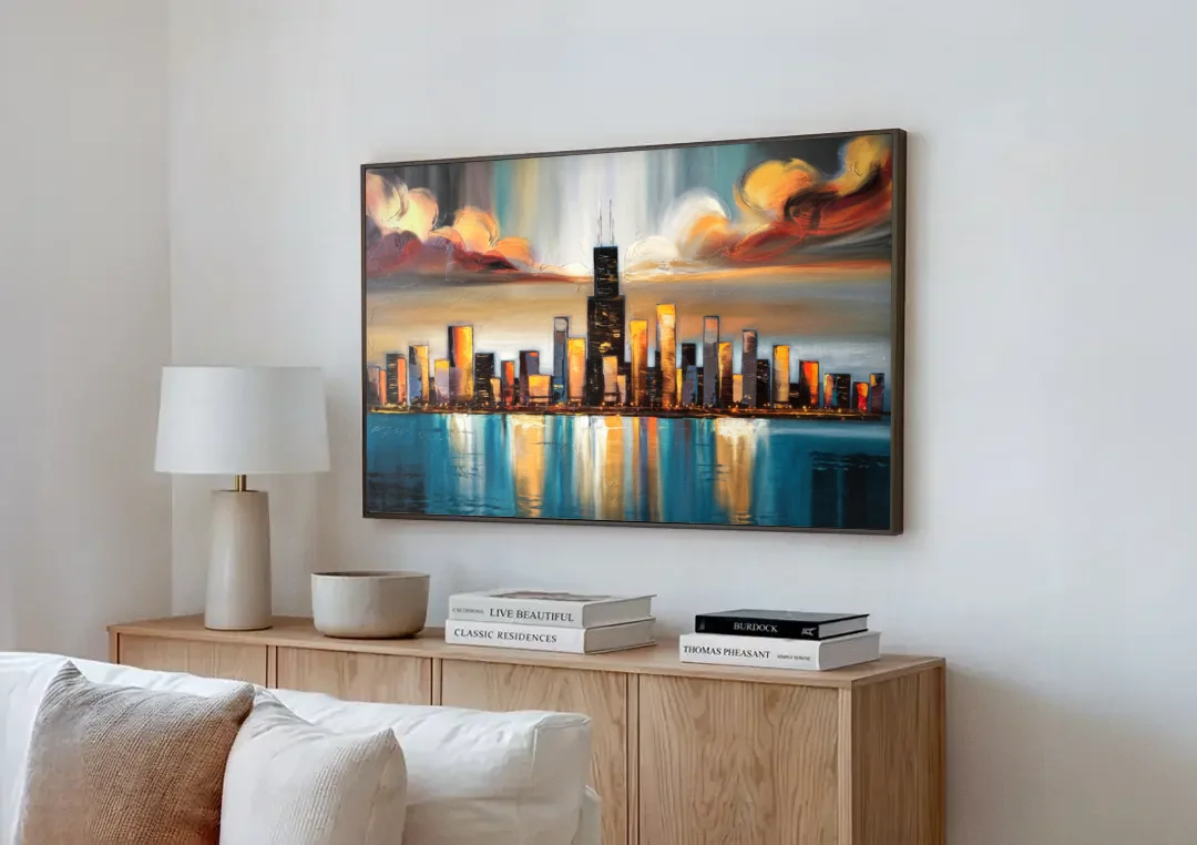 Chicago Skyline With Willis Tower canvas wall art above a wooden sideboard next to a sofa