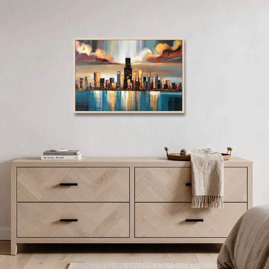 Chicago Skyline With Willis Tower - Oak Framed Canvas Wall Art - Coffee Table - 36x24
