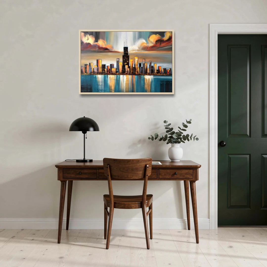 Chicago Skyline With Willis Tower - Oak Framed Canvas Wall Art - Office - 36x24
