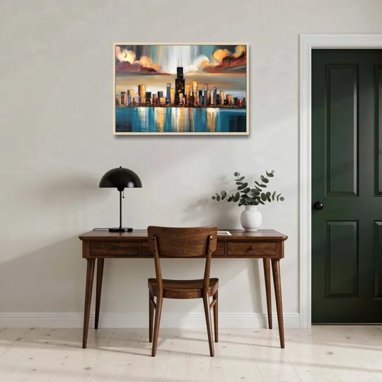 Chicago Skyline With Willis Tower - Oak Framed Canvas Wall Art - Office - 36x24