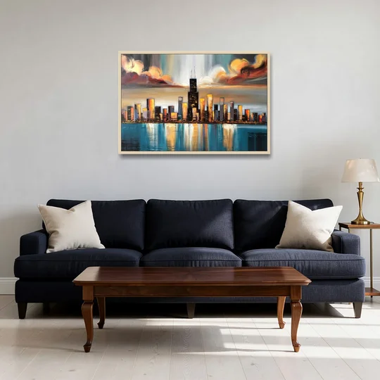 Chicago Skyline With Willis Tower - Oak Framed Canvas Wall Art - Sofa - 36x24