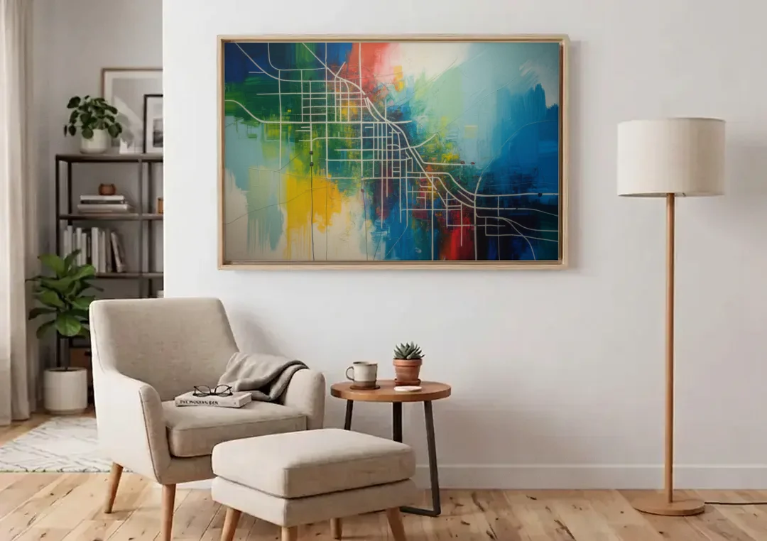 Chicago Street Names Typography canvas wall art above an armchair in a bright living room