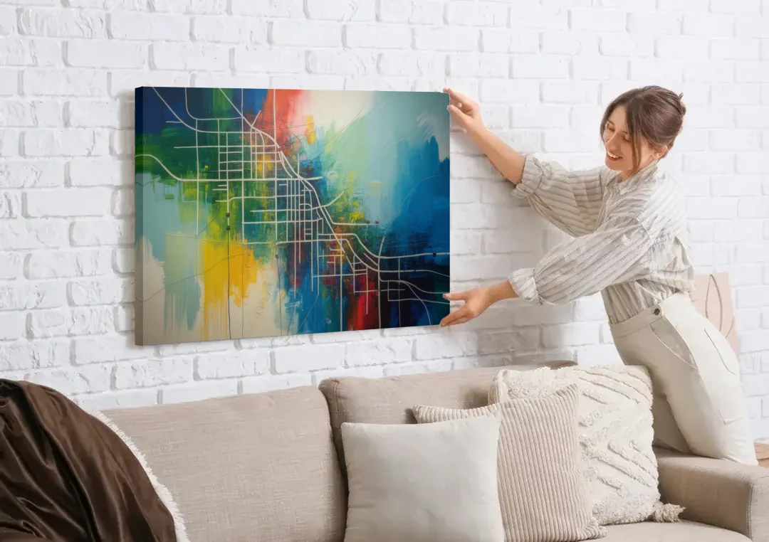 Chicago Street Names Typography canvas wall art being hung on a white brick wall above a sofa