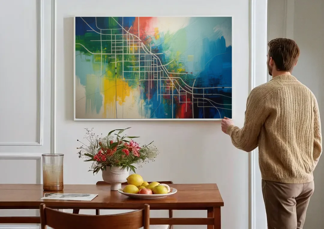 Chicago Street Names Typography canvas wall art above a dining table