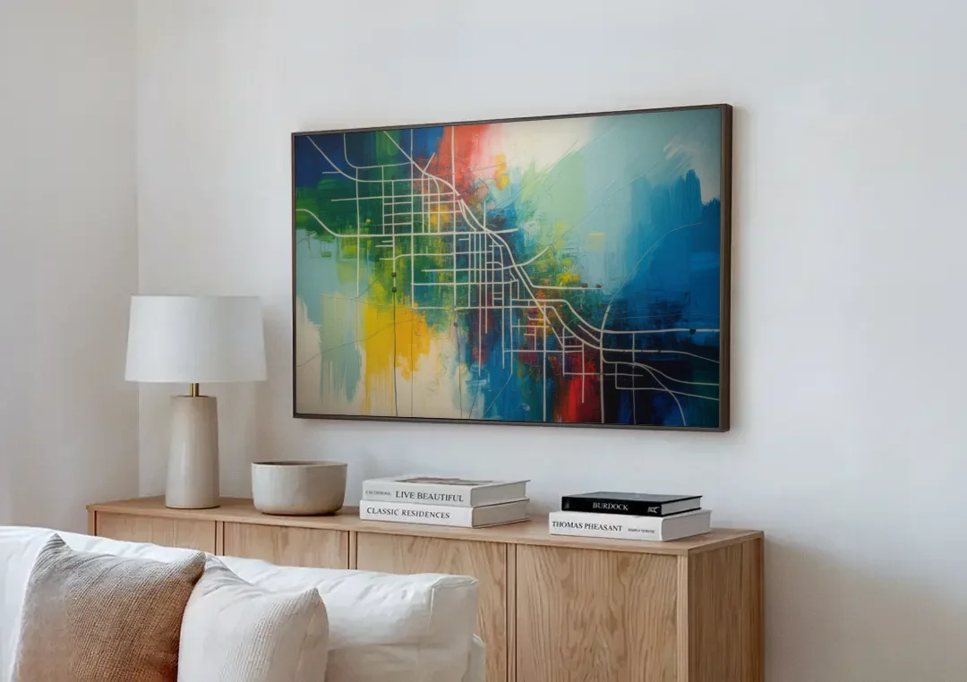 Chicago Street Names Typography canvas wall art above a wooden sideboard next to a sofa