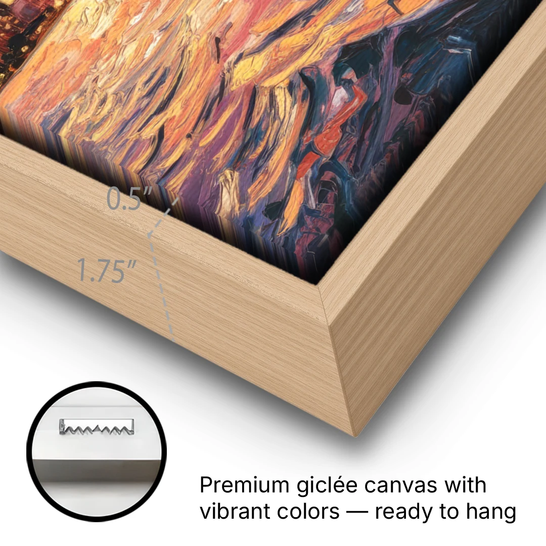 Chicago Sunset Over the Lake - Oak Framed Canvas Wall Art - Gallery Wrap Corner