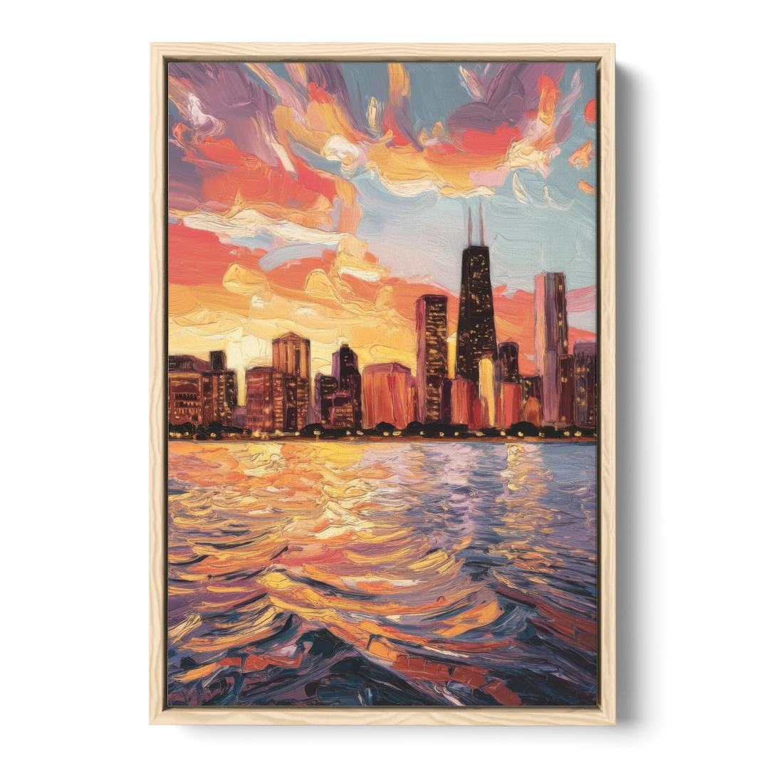 Chicago Sunset Over the Lake - Oak Framed Canvas Wall Art - Front