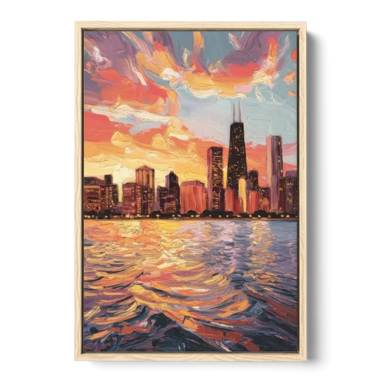 Chicago Sunset Over the Lake - Oak Framed Canvas Wall Art - Front