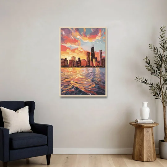 Chicago Sunset Over the Lake - Oak Framed Canvas Wall Art - Sofa - 24x36