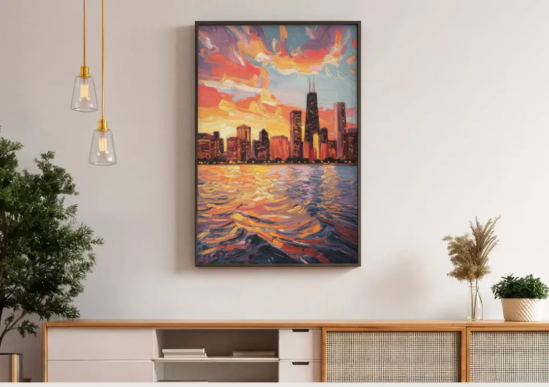 Chicago Sunset Over the Lake canvas wall art above a wooden sideboard under pendant lights