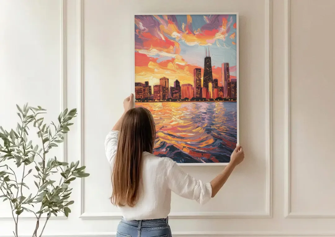 Chicago Sunset Over the Lake canvas wall art being hung on a paneled wall