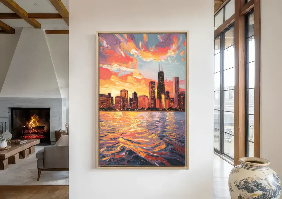 Chicago Sunset Over the Lake canvas wall art in a living room with a fireplace