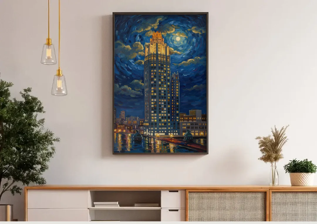 Chicago Tribune Tower Gothic Majesty canvas wall art above a wooden sideboard under pendant lights