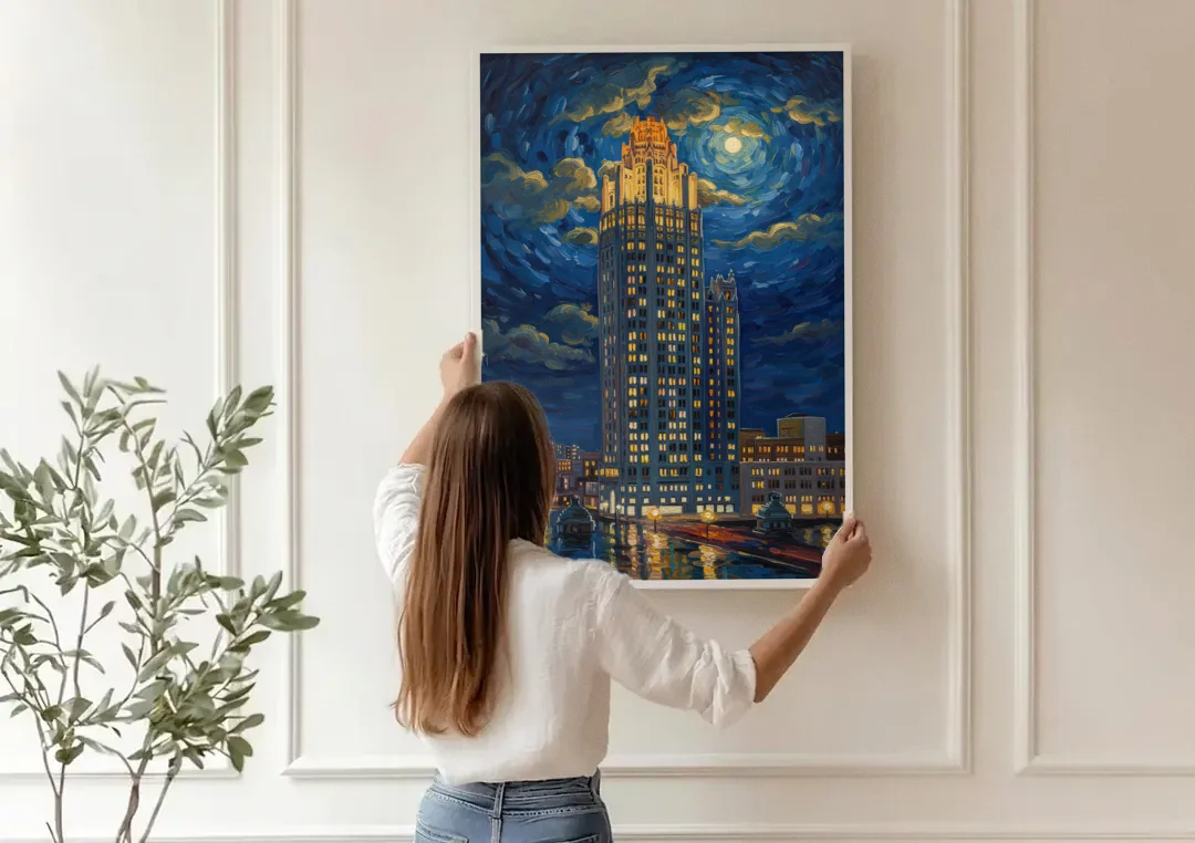 Chicago Tribune Tower Gothic Majesty canvas wall art being hung on a paneled wall