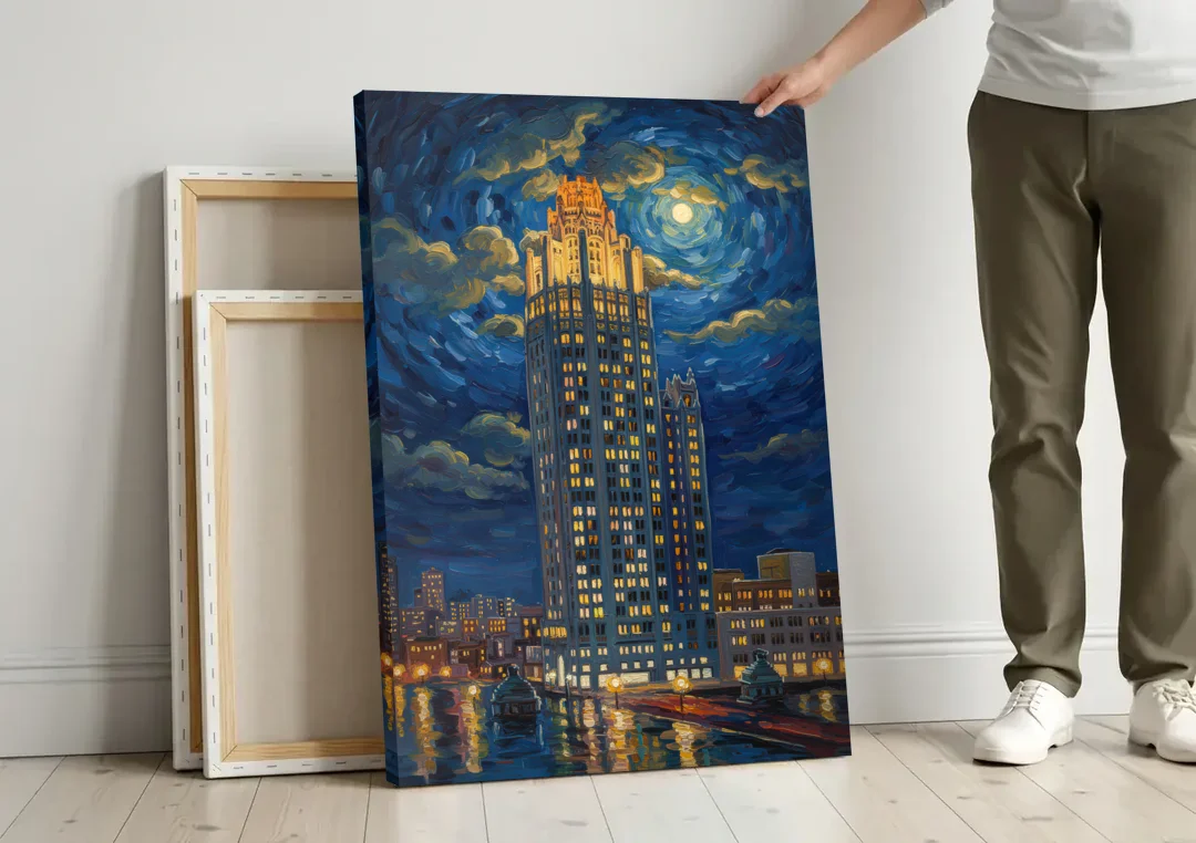 Chicago Tribune Tower Gothic Majesty canvas wall art leaning against a wall next to blank canvases