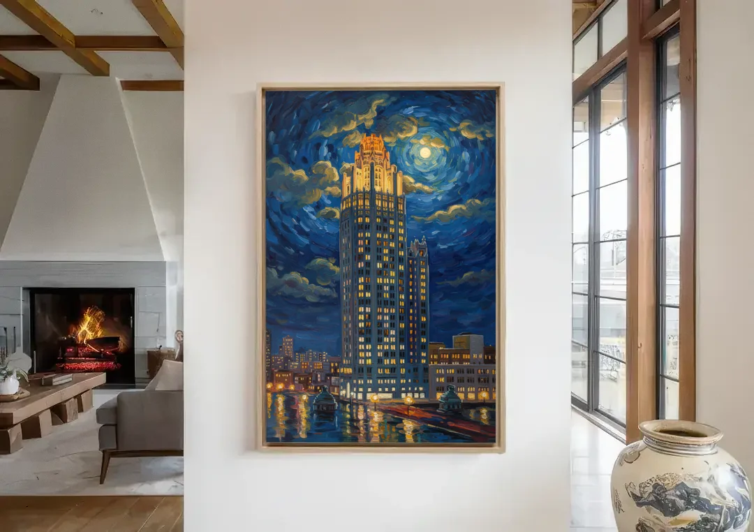 Chicago Tribune Tower Gothic Majesty canvas wall art in a living room with a fireplace