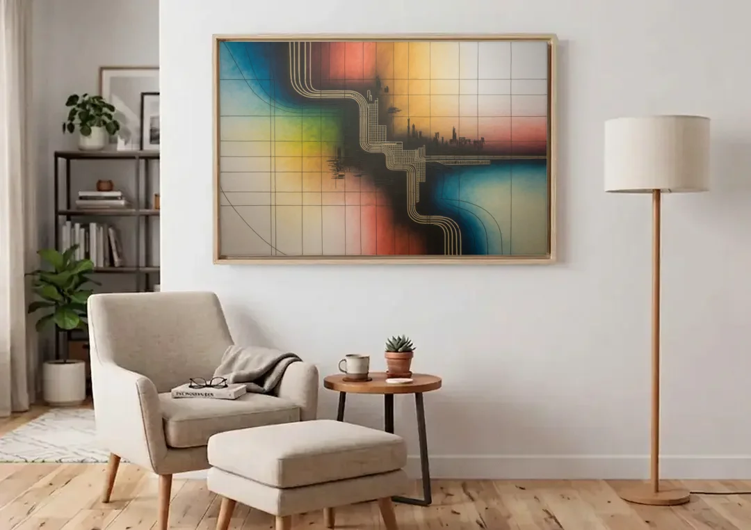 Chicago Vintage Transit Map canvas wall art above an armchair in a bright living room