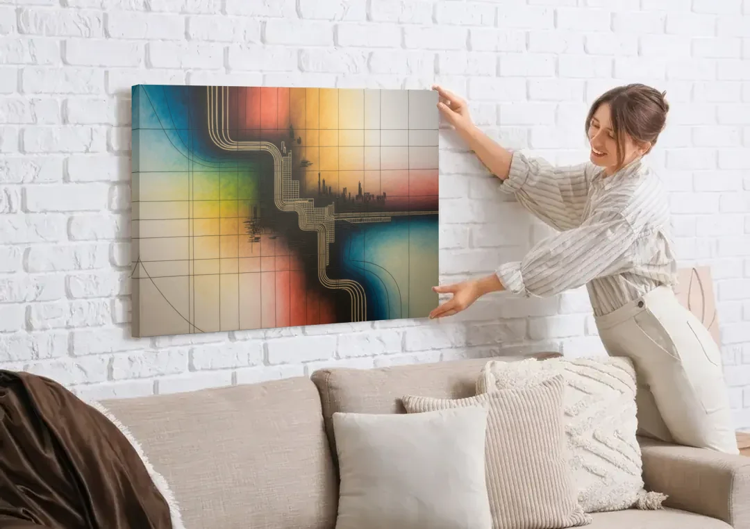 Chicago Vintage Transit Map canvas wall art being hung on a white brick wall above a sofa